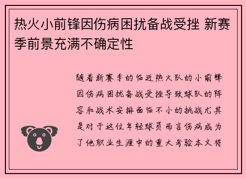 热火小前锋因伤病困扰备战受挫 新赛季前景充满不确定性