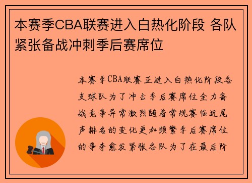 本赛季CBA联赛进入白热化阶段 各队紧张备战冲刺季后赛席位