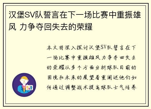 汉堡SV队誓言在下一场比赛中重振雄风 力争夺回失去的荣耀