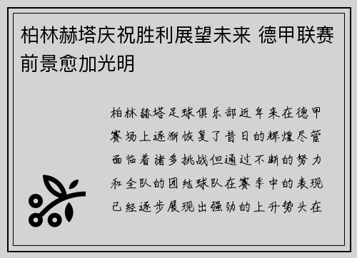 柏林赫塔庆祝胜利展望未来 德甲联赛前景愈加光明
