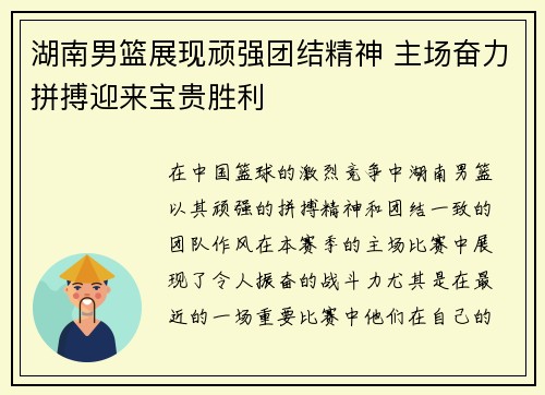 湖南男篮展现顽强团结精神 主场奋力拼搏迎来宝贵胜利