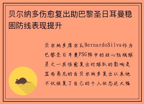 贝尔纳多伤愈复出助巴黎圣日耳曼稳固防线表现提升