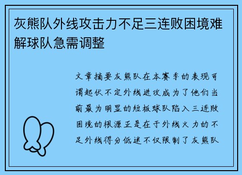 灰熊队外线攻击力不足三连败困境难解球队急需调整